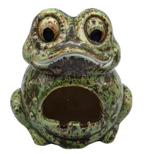 Vintage 1970s Ceramic Frog Sponge Scrubby Holder Green Drip Glaze Kitchen Kitsch